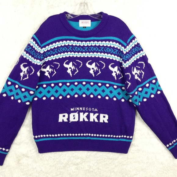 Roody Minnesota ROKKR Christmas  Sweater Mens Purple Blue Knit Call Of Duty L - Picture 1 of 9